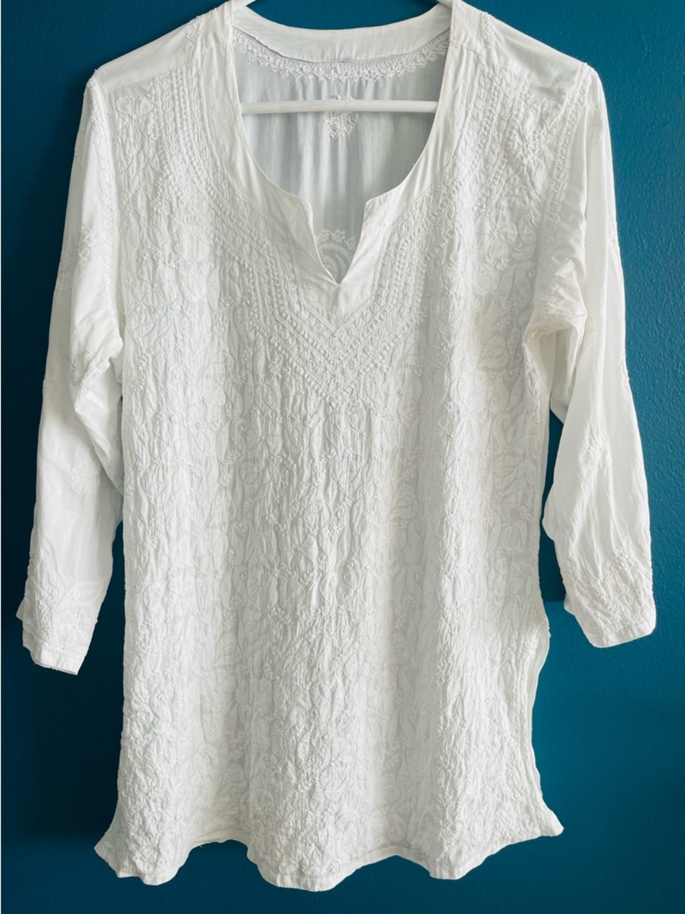 White Embroidered V-Neck Women's Tunic (Kurta) from India